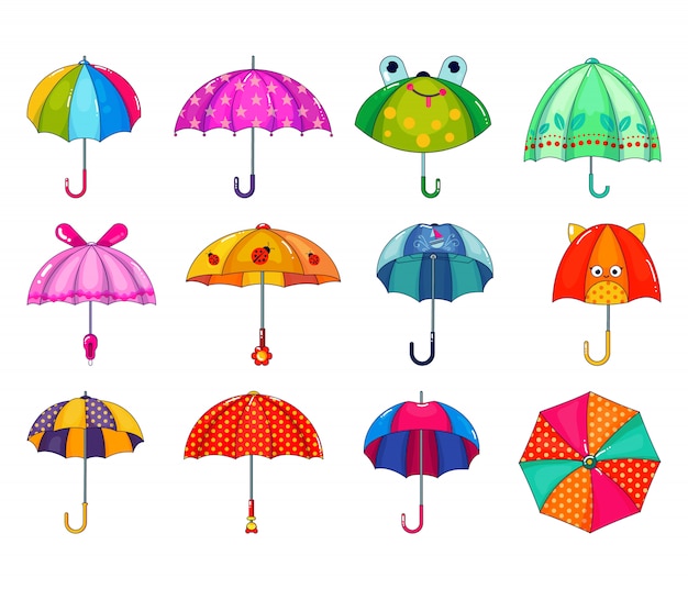 키즈 우산 벡터 유치 한 우산 모양의 비가 오는 보호 및 어린이 점선 된 양산 그림 격리 된 어린 아이 보호 커버 세트.
