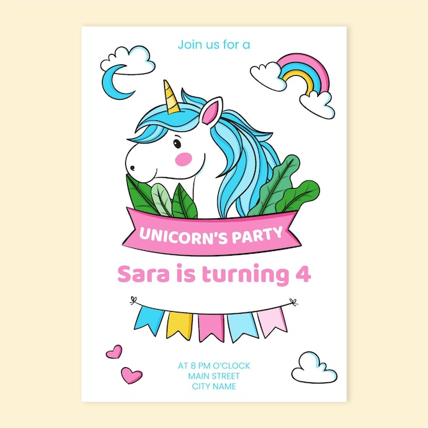 Kids unicorn birthday invitation