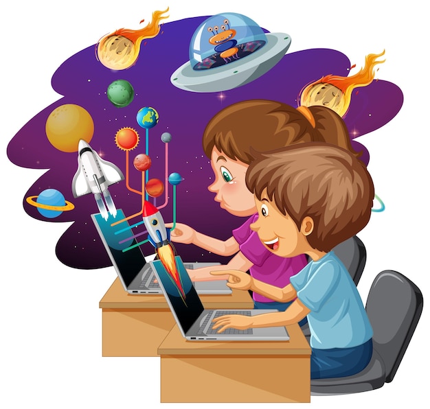 Vector kids using laptops with space icons