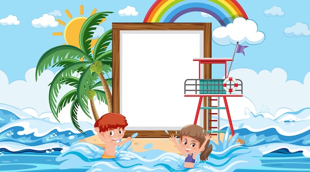 Kids on vacation at the beach daytime scene with an empty banner template