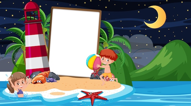 Kids on vacation at the beach night scene with an empty banner template