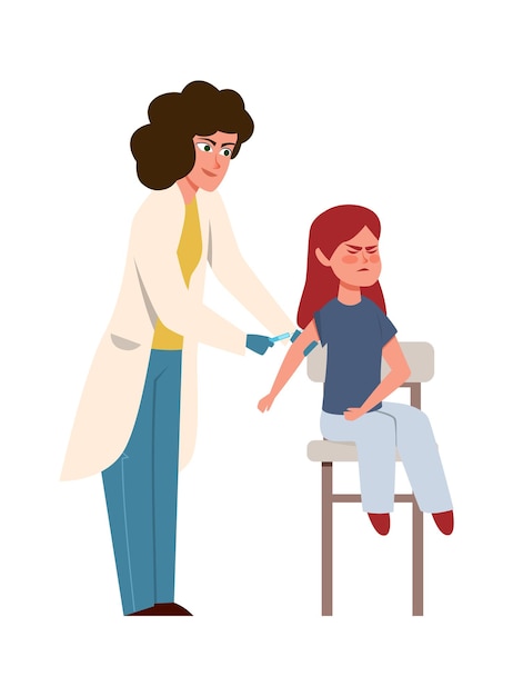 Kids vaccination. Female doctor in medical uniform and child girl, children clinic, preventing infections and building immunity protection from disease vector isolated cartoon medical isolated concept