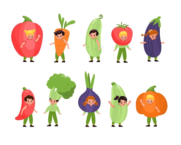 Kids vegetables dressed children costume party fancy little fruits cute happy boys and girls wearing veggies pajamas fun dressups vegetarian clothes vector cartoon isolated set