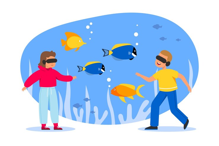 Vector kids in virtual reality teenagers in digital world watching fish interactive gaming boy and girl in vr glasses entertainment and education industry vector isolated concept