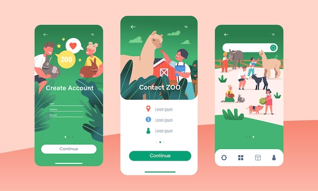 子供たちは連絡先動物園モバイルアプリページオンボード画面テンプレートにアクセスします。家畜、女の子、男の子に餌をやったり、愛撫したりする子供たちのキャラクターは、農場のコンセプトに時間を費やしています。漫画の人々のベクトル図