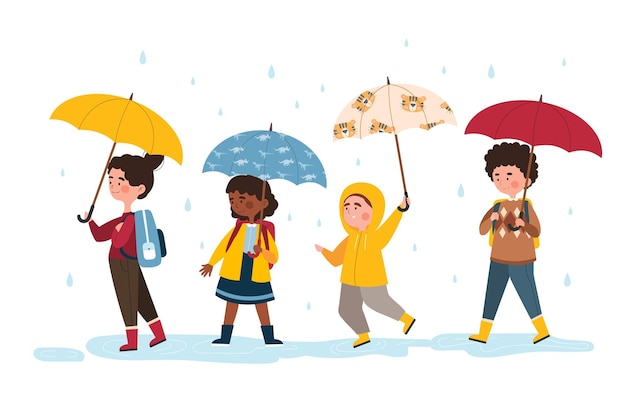 Kids walk under umbrella