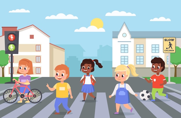 Kids walking crosswalk Children cross road on zebra crossing Cartoon girls and boys follow pedestrian rules Safe stepping roadway Urban landscape with traffic lights Vector group of preschoolers