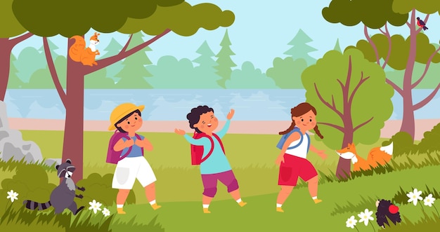 Kids walking in forest Kid explore nature children on natural activities Child walk and exploring wildlife girl boy in trip decent vector scene