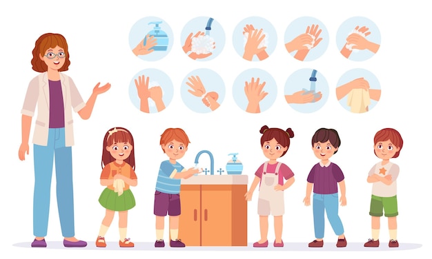 Bambini che si lavano le mani. i bambini dei cartoni animati a scuola usano il sapone per la pelle in bagno. prevenire il concetto di virus e infezione. infografica vettoriale di igiene. ragazzi e ragazze in coda con insegnante, assistenza sanitaria