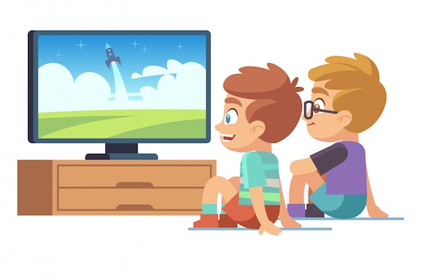 Kids watch tv. Children movie home boy girl watches tv set displaying picture screen character electric monitor cartoon concept