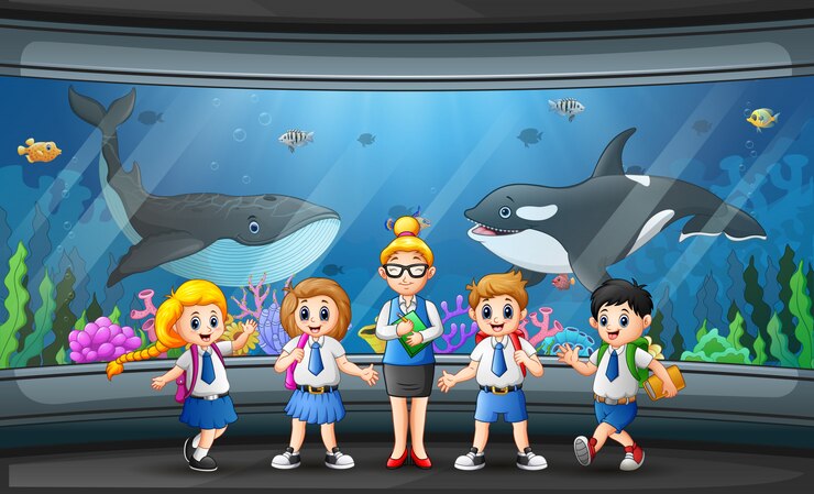 Vector 女教師と水族館遠足で魚を見ている子供