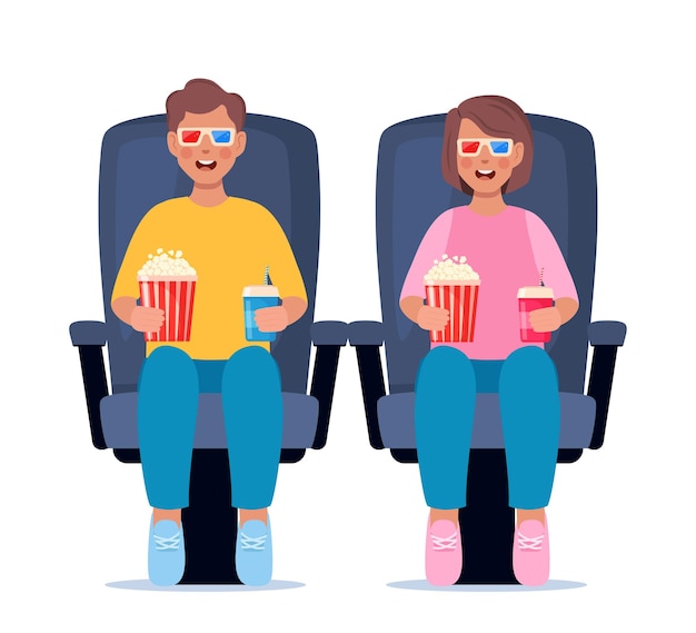 Vector kids watching movie with 3d glasses soda and popcorn in kids hands cinema theater entertainment for children vector illustration