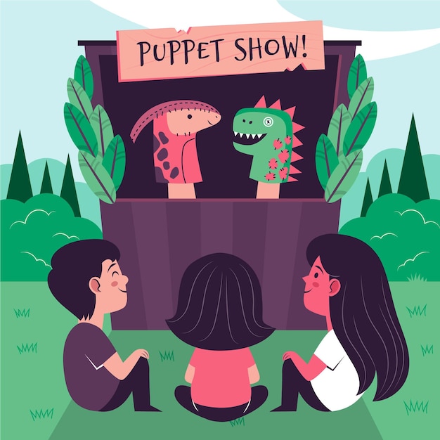 Kids watching a puppet show illustrated