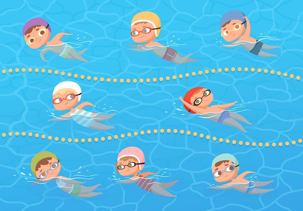 Vettore bambini in piscina d'acqua. clipart del fumetto di lezione di nuoto di educazione sportiva dei bambini.