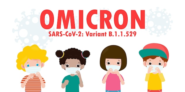 Kids wearing face mask in panic from particles of Omicron 21 Covid variant B11529 Coronavirus