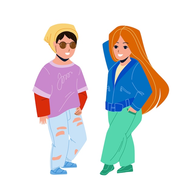 Kids Wearing Fashion Clothes Stay Together Vector. Children In Fashion Clothing With Accessories Posing On Model Show And Presenting Elegant Garment. Characters Flat Cartoon Illustration