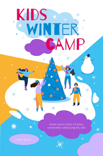 Kids winter camp banner flat vector illustration