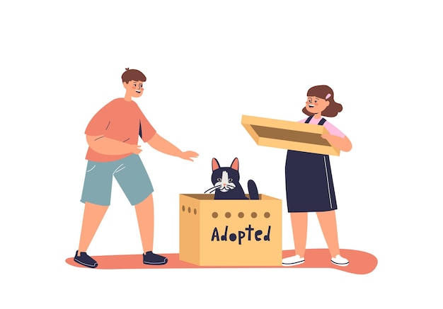 Bambini con gatto adottato famiglia che adotta una penna dal rifugio per animali bambini felici con un nuovo amico animale domestico