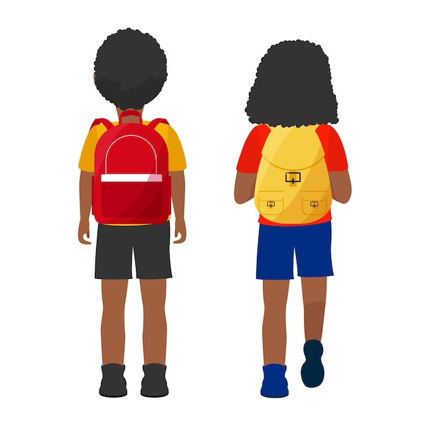 Vector kids with backpack back view. back rear spine view video of dark skin boy and girl wear rucksack