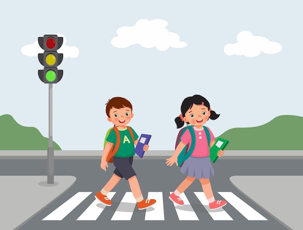 kids with backpack walking crossing road near traffic light on zebra crossing on the way to school