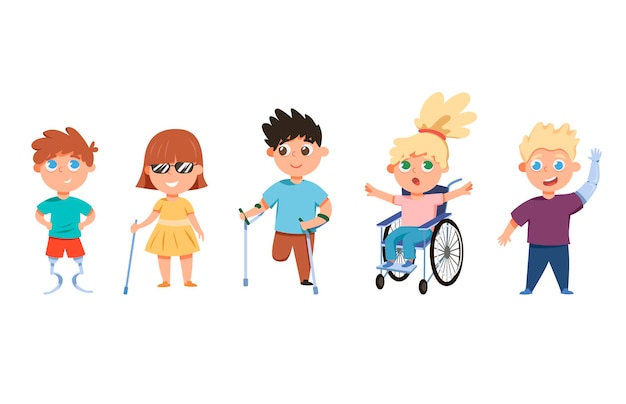 Vettore set di illustrazioni vettoriali per bambini con disabilità. cartoon bambini senza gambe o braccia, ragazza cieca con bastone da passeggio, bambino in sedia a rotelle isolato su sfondo bianco. disabilità, concetto di infanzia