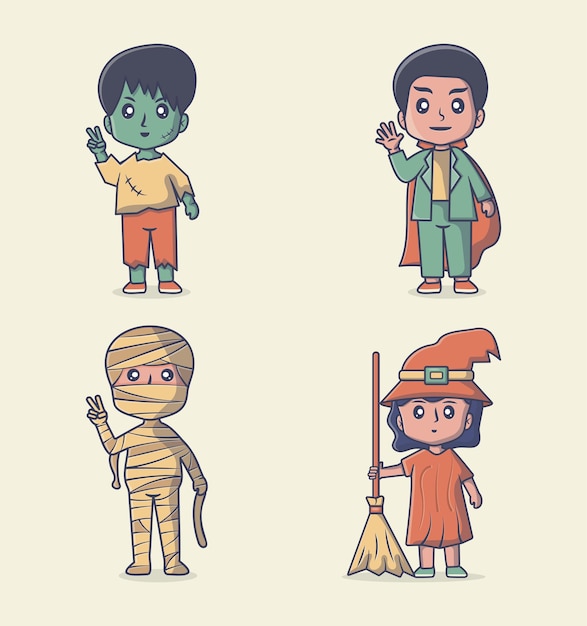 Kids with halloween costumes set in flat design