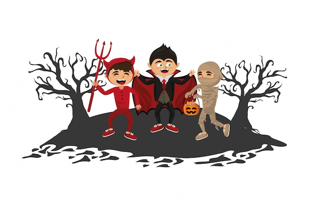 Vector kids with halloween costumes