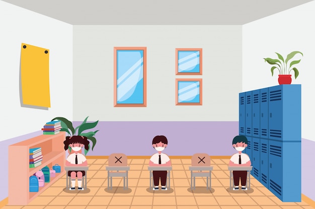 Vector kids with masks in classroom