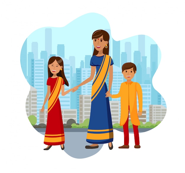 Vector kids with mother from india color illustration