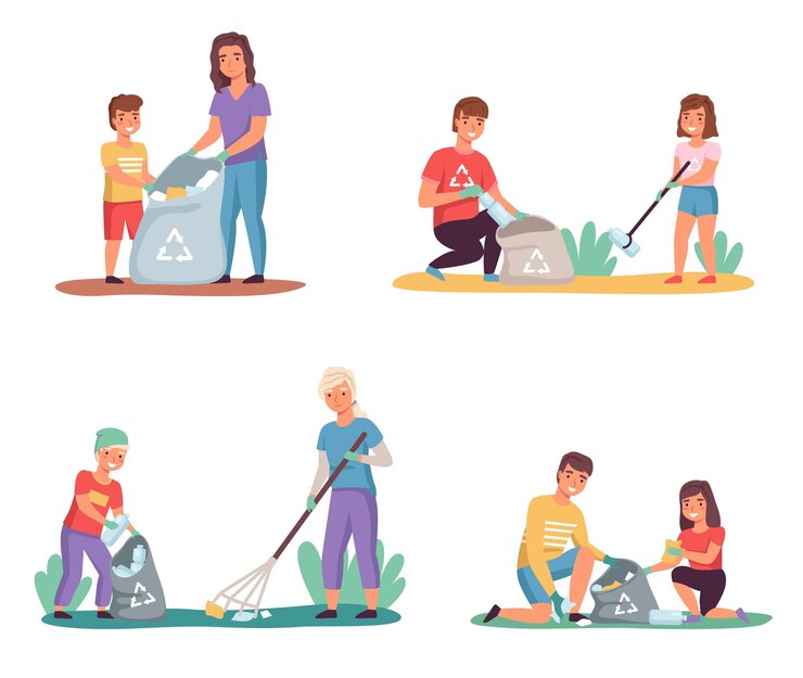Vector kids with parents sort garbage clean up trash outdoor lay out color containers nature caring environmental pollution volunteers teamwork caring nature vector cartoon flat style isolated set
