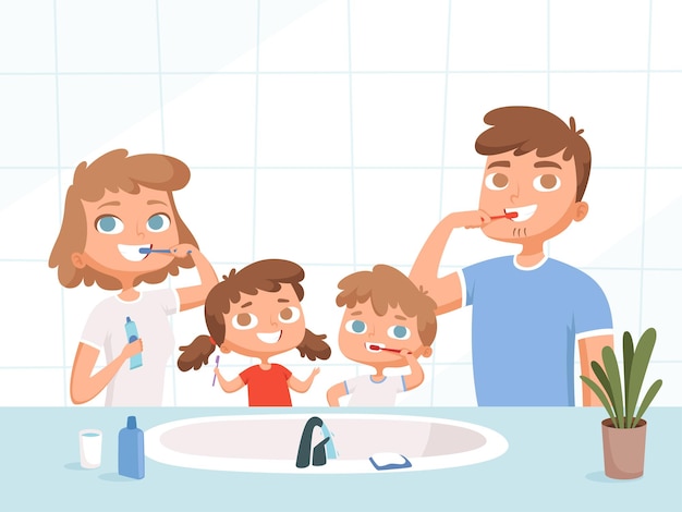 Bambini con genitori che lavano. spazzolino da denti lavello wc routine quotidiana igiene dentale cartoon famiglia.