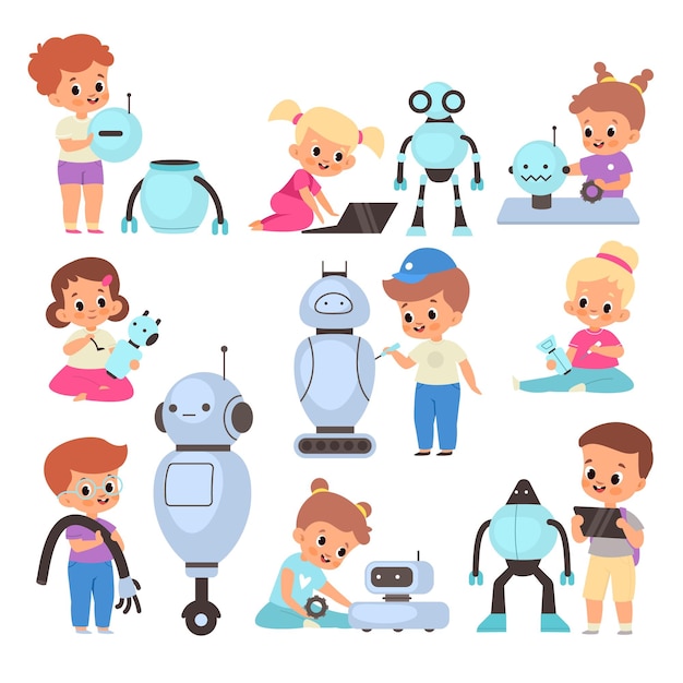 Vector kids with robots cartoon children invent mechanical toys happy boys and girls learn to assemble and program androids clever babies play with automatons vector pupils repair cyborgs