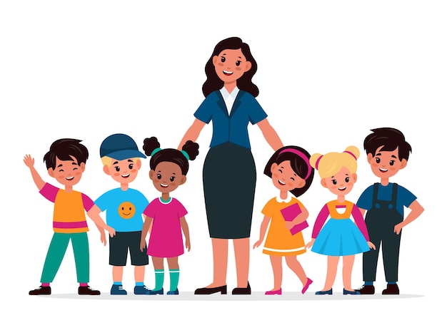 Vector kids with teacher. children group and tutor standing and smiling together. woman pedagogue with happy students, teachers day and primary or elementary education isolated cartoon vector concept