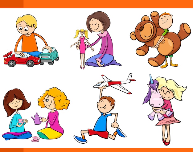 kids with toys cartoon set