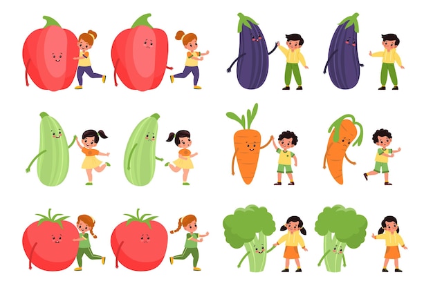 Kids with vegetables small children and big tomatoes eggplants and broccoli happy and unhappy boys and girls with carrot and pepper healthy food vegetarian meal vector isolated set