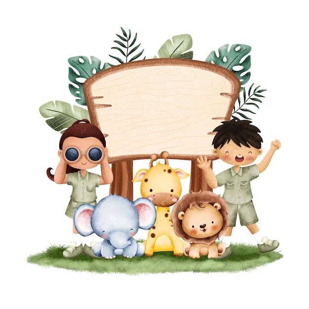 Vector kids and wooden sign with safari animals