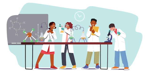 Vector kids working and experimenting in refinery laboratory, children characters study chemistry in classroom with test tubes, beakers and science tools, chemist students. cartoon people vector illustration