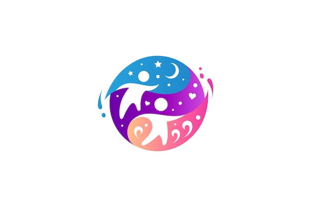 Kids world logo Globe or earth with children playing vector icon charity care community symbol