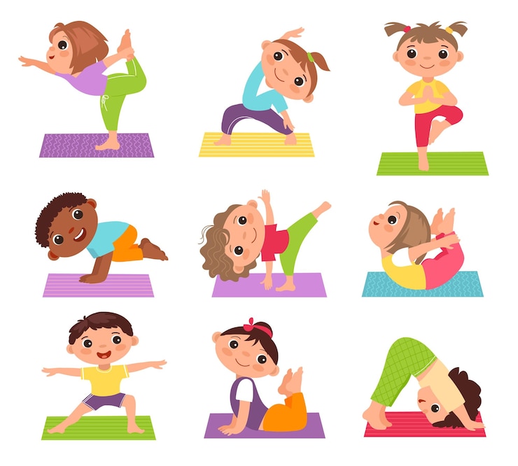Vector kids yoga little children in stretching poses sport and health fitness and meditation cute girls and boys in different poses young athletes healthy lifestyle vector cartoon flat isolated set