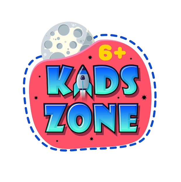 Vector kids zone banner in cartoon style with planet and rocket