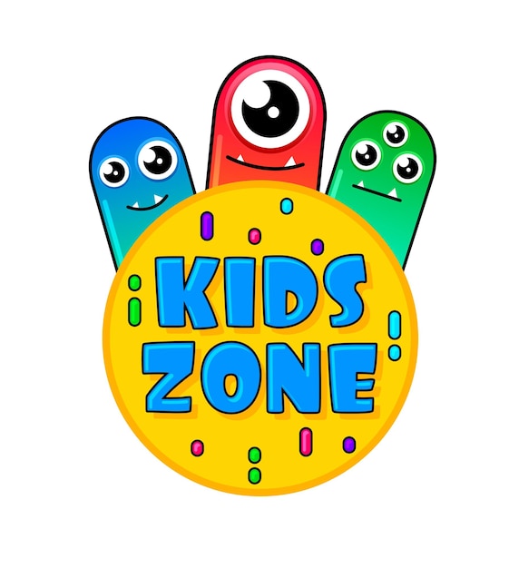 Kids Zone-banner in cartoonstijl met een goed geleimonster