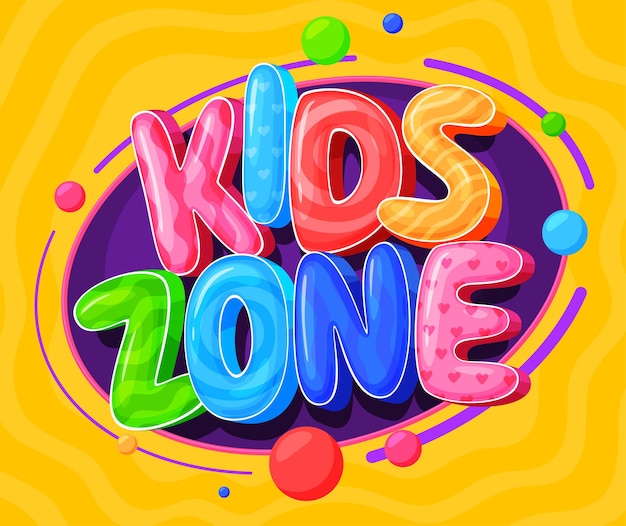 Kids zone banner Kleurrijk leuk lettertype Heldere kinderen inscripties Convexe glanzende letters Vector