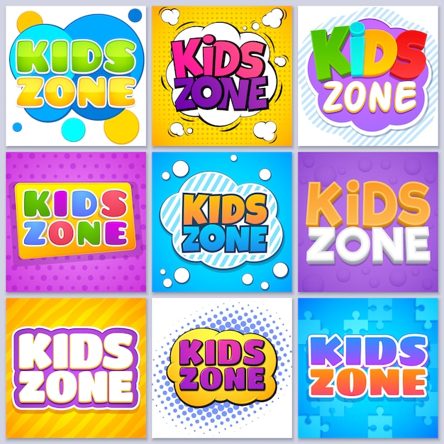 Kids zone banners. children game playground labels with cartoon lettering. school children park area vector backgrounds