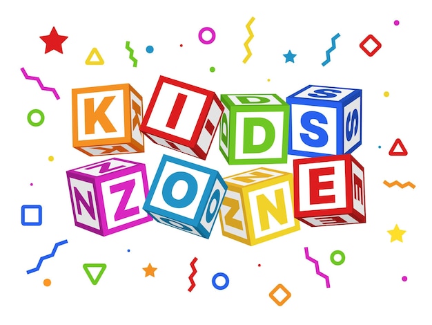 Kids zone blocks color geometric elements around title children play room sign board with baby cubes font colorful playing park or game area logo educational toy emblem vector isolated concept