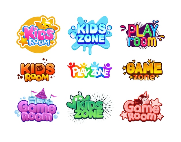 Vector kids zone cartoon children playroom entertaining playground logo set funny play rooms banners colorful typographic party stickers with lettering vector baby leisure area for games