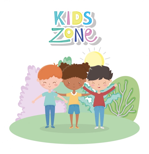 Kids zone, cute girl and boys in the meadow sun cartoon