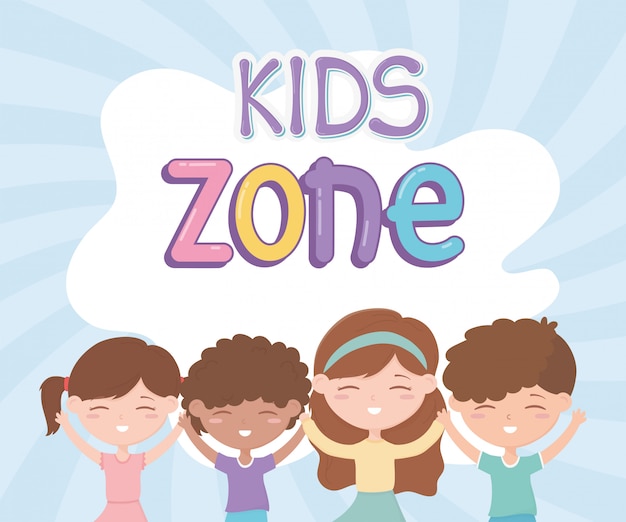 Kids zone, cute little girls and boys happy cartoon characters