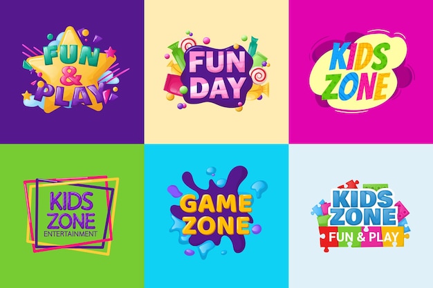 Vector kids zone entertainment set childish banner label sticker badge