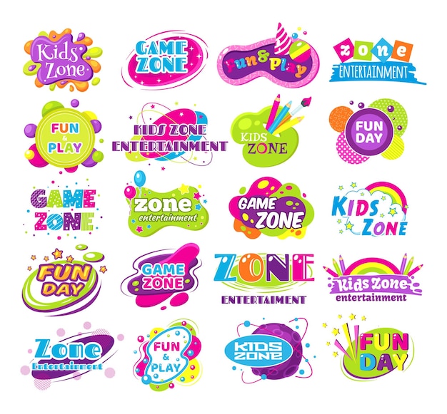 Kids zone entertainment set kinderachtig banner label sticker badge