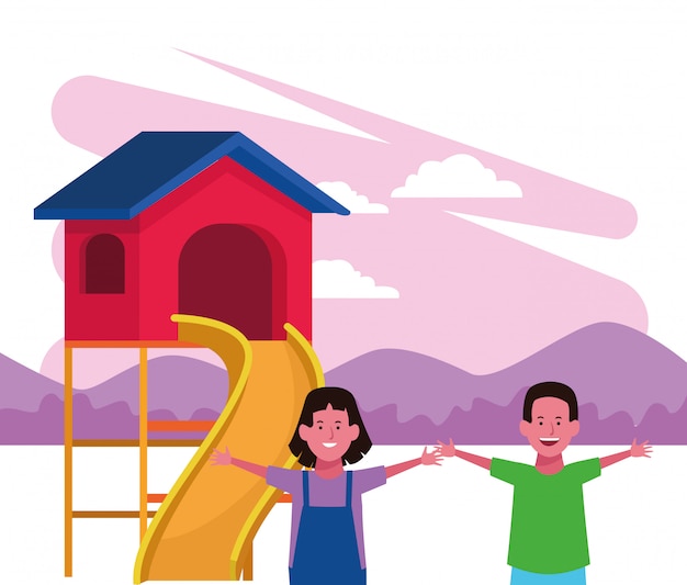 kids zone, happy boy and girl with house slide playground